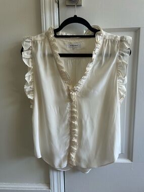 Frame Denim Cream Ruffle V-Neck Sleeveless M Silk Top